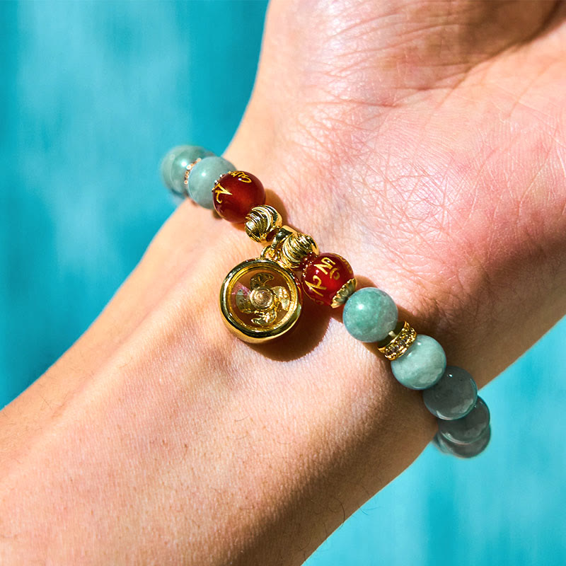 Buddha Stones天然グリーン翡翠オーム・マニ・パドメ・フムサイクロンチャーム幸運ブレスレット