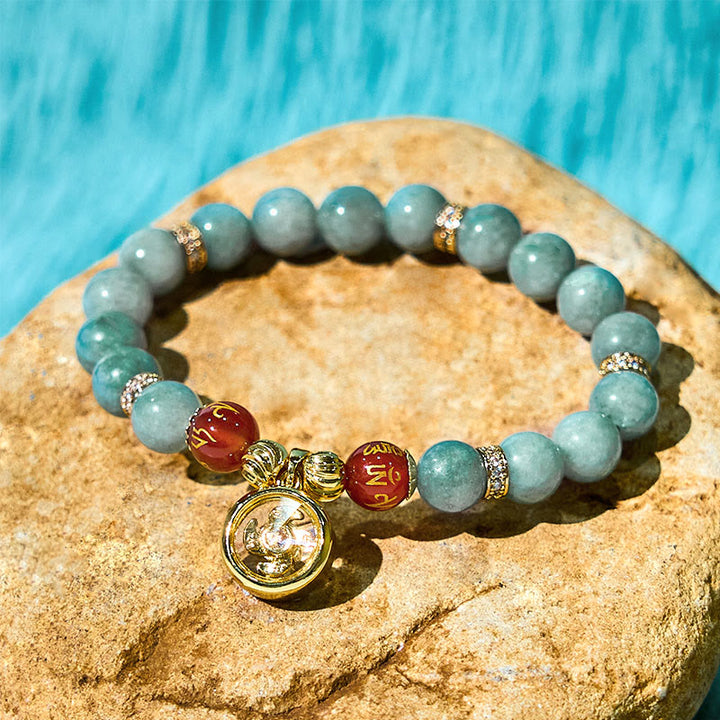 Buddha Stones天然グリーン翡翠オーム・マニ・パドメ・フムサイクロンチャーム幸運ブレスレット