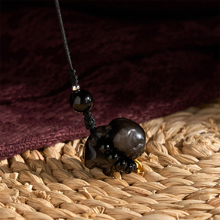 仏石シルバー光沢黒曜石子犬犬福キャラクター保護ネックレス電話吊り下げ装飾