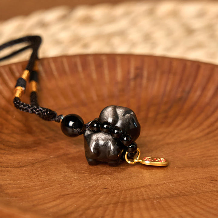 仏石シルバー光沢黒曜石子犬犬福キャラクター保護ネックレス電話吊り下げ装飾