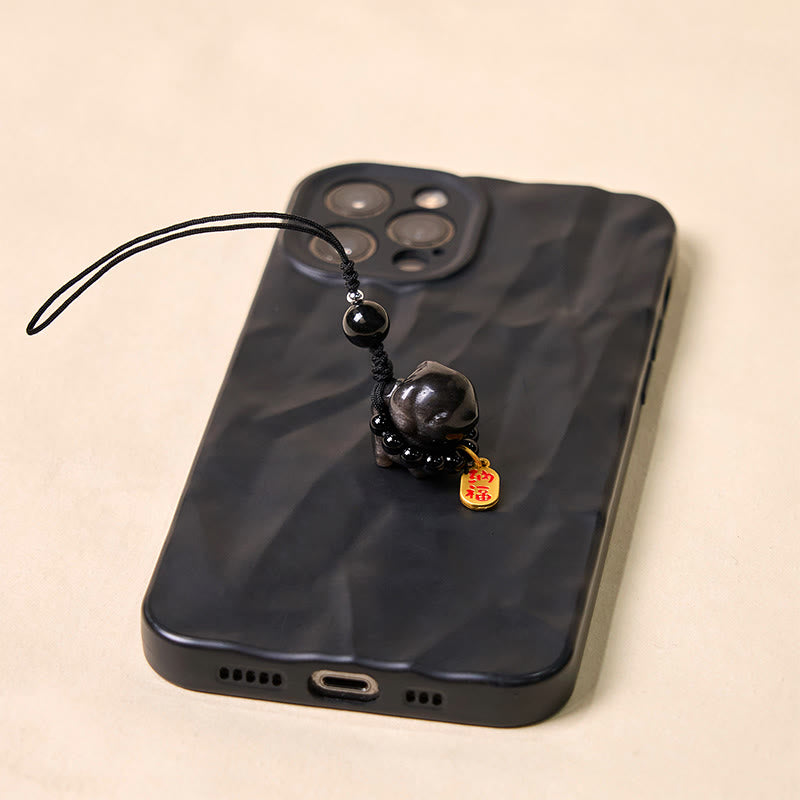 仏石シルバー光沢黒曜石子犬犬福キャラクター保護ネックレス電話吊り下げ装飾