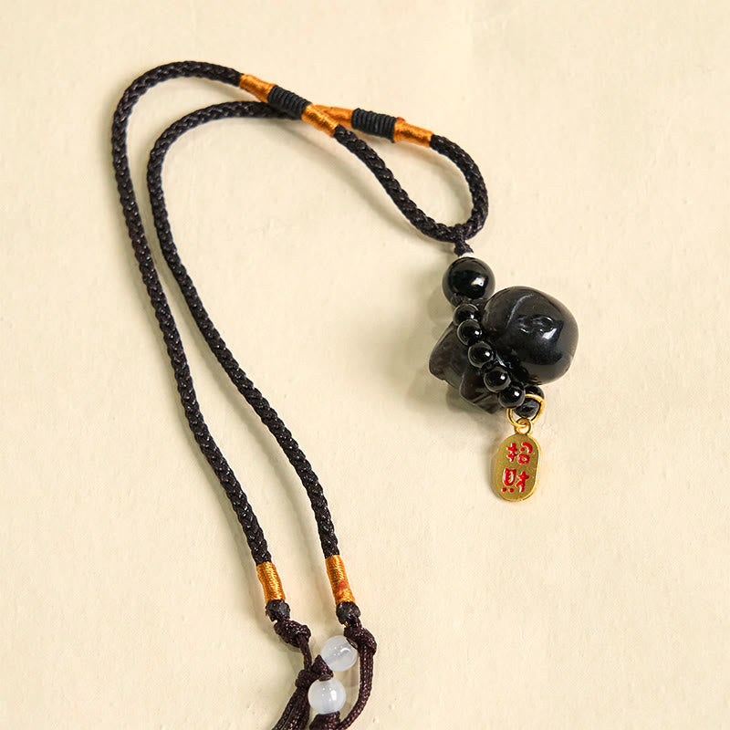 仏石シルバー光沢黒曜石子犬犬福キャラクター保護ネックレス電話吊り下げ装飾