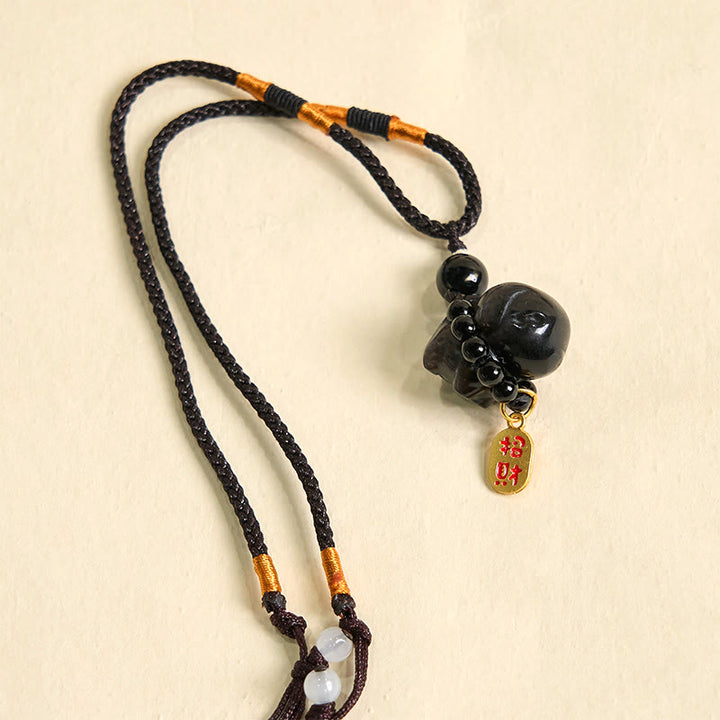 仏石シルバー光沢黒曜石子犬犬福キャラクター保護ネックレス電話吊り下げ装飾