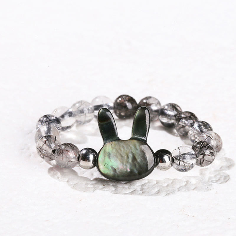 Buddha Stones 3mm ブラックルチルクォーツ シャコガイ 石 ウサギ 猫 リング - ウサギ(63mmゴム紐) - image 1