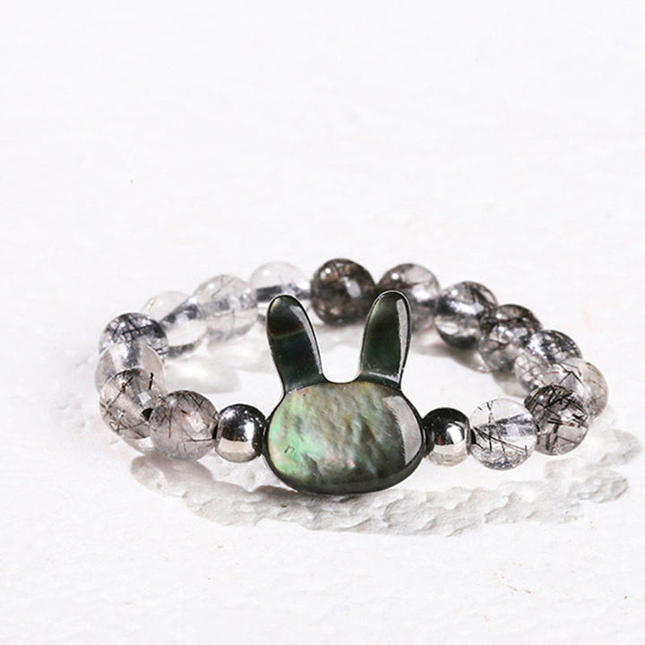 Buddha Stones 3mm ブラックルチルクォーツ シャコガイ 石 ウサギ 猫 リング - ウサギ(63mmゴム紐) - image 1