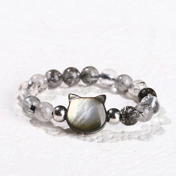 Buddha Stones 3mm ブラックルチルクォーツ シャコガイ 石 ウサギ 猫 リング - 猫(63mmゴム紐) - image 11