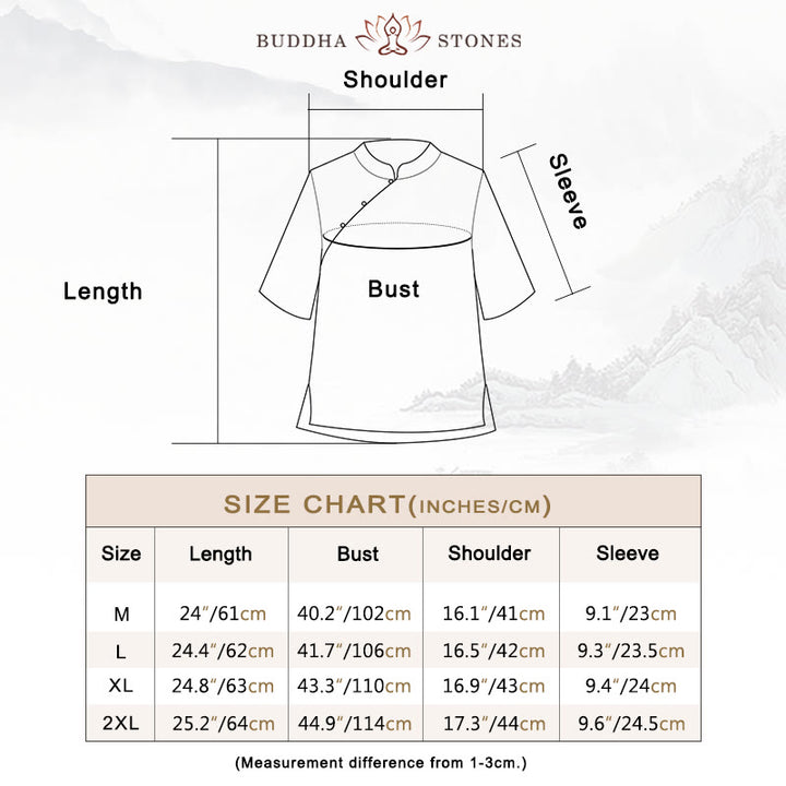 Buddha Stones梅刺繍カエルボタン半袖コットンリネンシャツ - image 3