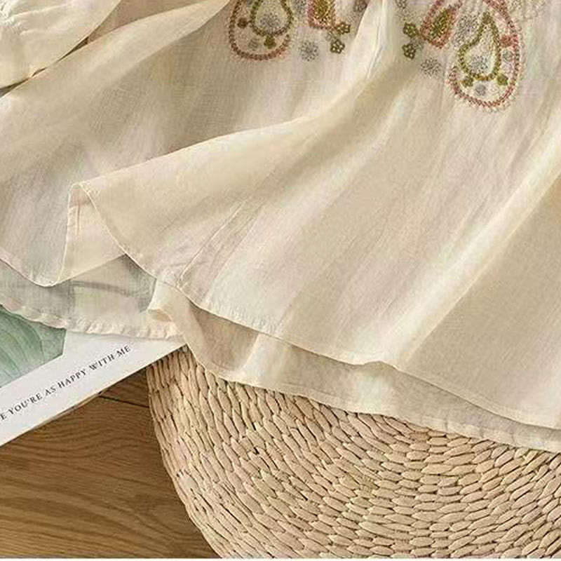 Buddha Stonesカジュアル ルーズ 刺繍 カエルボタン 半袖 クルーネック コットン レディース シャツ - image 10