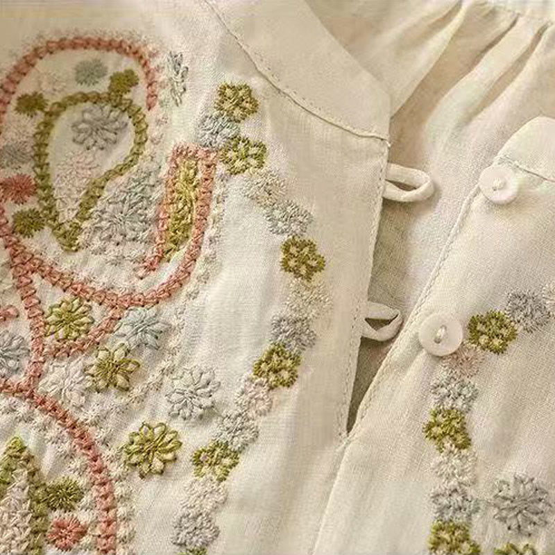 Buddha Stonesカジュアル ルーズ 刺繍 カエルボタン 半袖 クルーネック コットン レディース シャツ - image 11