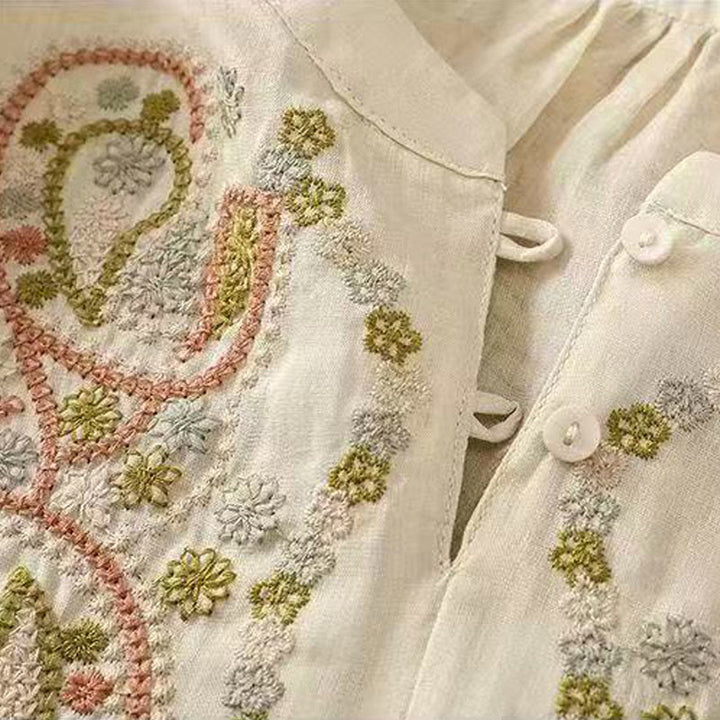 Buddha Stonesカジュアル ルーズ 刺繍 カエルボタン 半袖 クルーネック コットン レディース シャツ - image 11