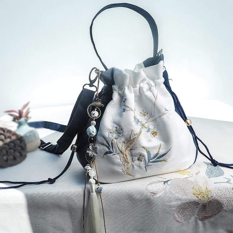 Buddha Stones刺繍入りマグノリアプラムブロッサムコットンリネントートバッグクロスボディバッグショルダーバッグハンドバッグ