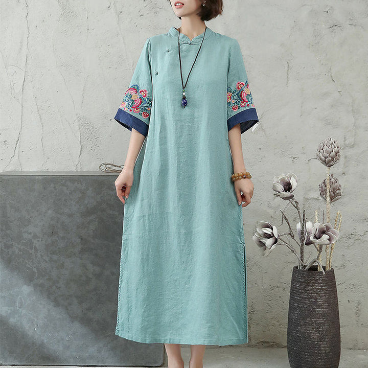 Buddha Stones刺繍フロッグボタン半袖コットンリネンレディースミディドレス - image 6