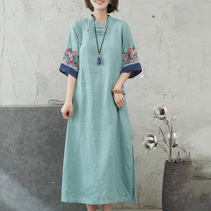 Buddha Stones刺繍フロッグボタン半袖コットンリネンレディースミディドレス - image 7