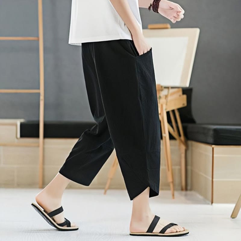 Buddha Stones夏 メンズ 無地 7-8丈 コットンリネン ドローストリングパンツ ポケット付き