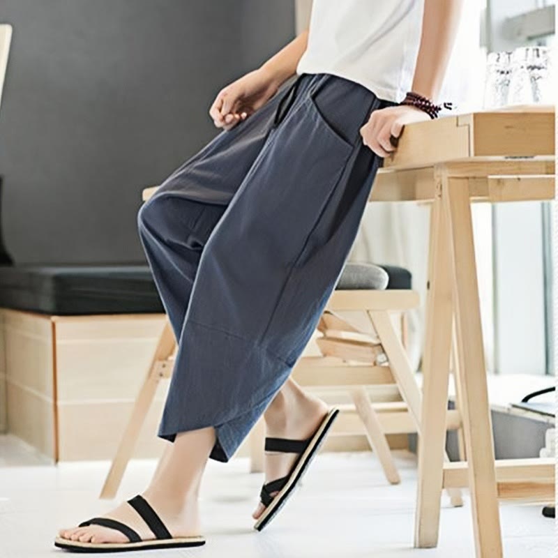 Buddha Stones夏 メンズ 無地 7-8丈 コットンリネン ドローストリングパンツ ポケット付き