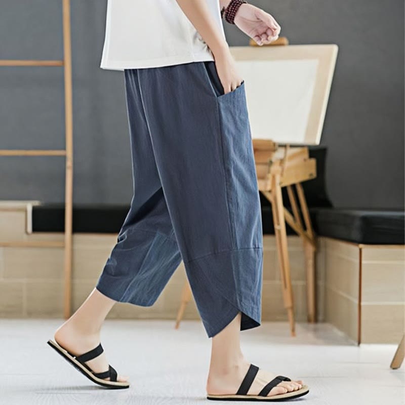 Buddha Stones夏 メンズ 無地 7-8丈 コットンリネン ドローストリングパンツ ポケット付き