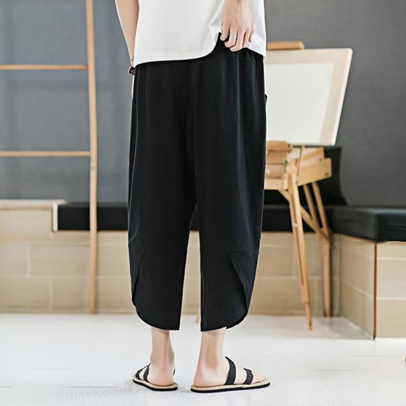 Buddha Stones夏 メンズ 無地 7-8丈 コットンリネン ドローストリングパンツ ポケット付き