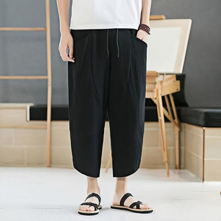 Buddha Stones夏 メンズ 無地 7-8丈 コットンリネン ドローストリングパンツ ポケット付き