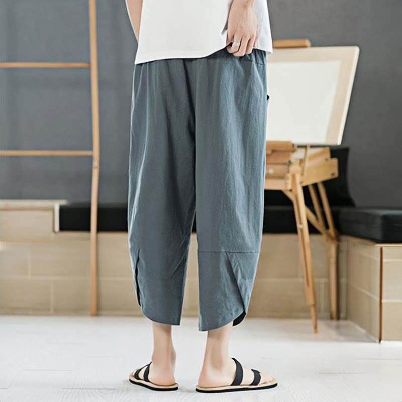 Buddha Stones夏 メンズ 無地 7-8丈 コットンリネン ドローストリングパンツ ポケット付き
