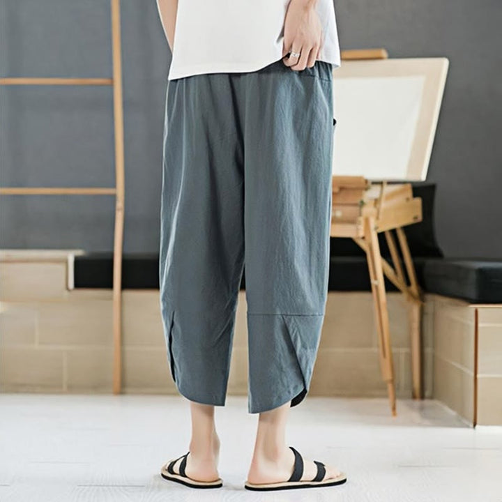 Buddha Stones夏 メンズ 無地 7-8丈 コットンリネン ドローストリングパンツ ポケット付き