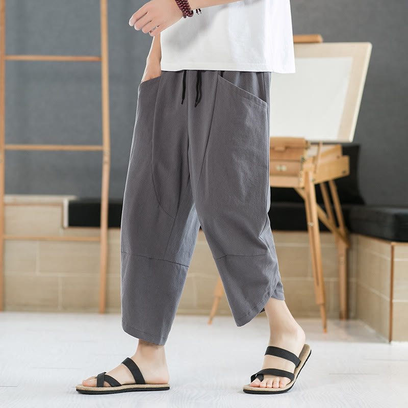 Buddha Stones夏 メンズ 無地 7-8丈 コットンリネン ドローストリングパンツ ポケット付き