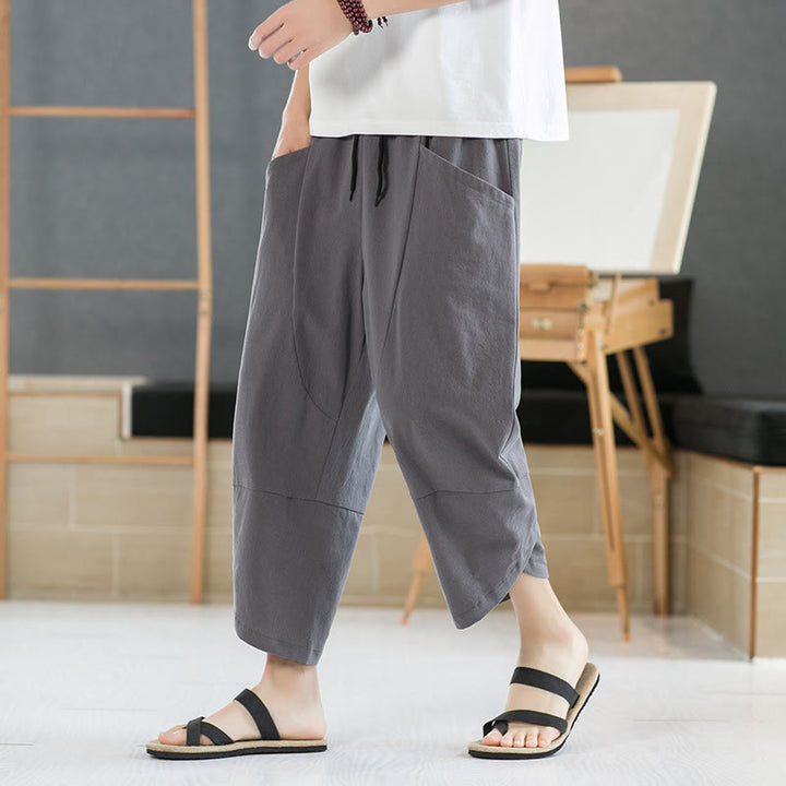 Buddha Stones夏 メンズ 無地 7-8丈 コットンリネン ドローストリングパンツ ポケット付き