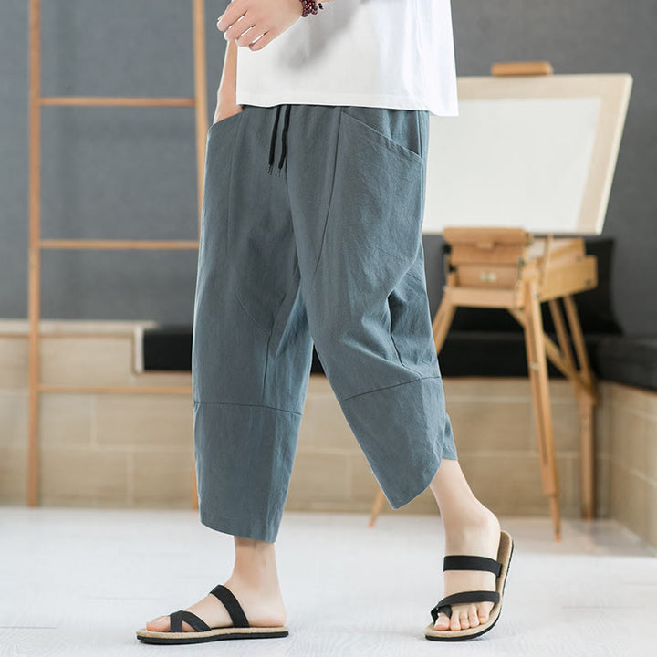 Buddha Stones夏 メンズ 無地 7-8丈 コットンリネン ドローストリングパンツ ポケット付き
