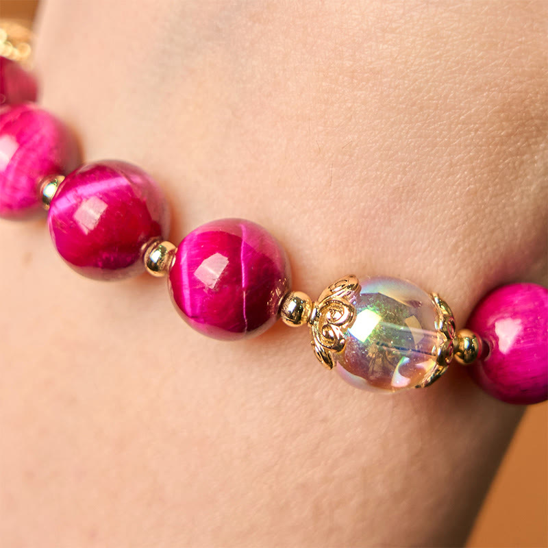 Buddha Stones天然レッドタイガーアイパープルタイガーアイビーズグリーンリーフプロテクションブレスレット