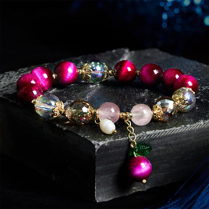 Buddha Stones天然レッドタイガーアイパープルタイガーアイビーズグリーンリーフプロテクションブレスレット