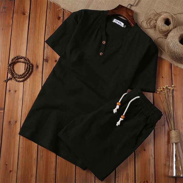 Buddha Stones 2点セット 無地 ノッチカラー 半袖 Tシャツ ショートパンツ ポケット付き コットンリネン メンズ 瞑想用クロスセット - 黒 - US/UK/AU46、 EU56 (5XL) - image 4
