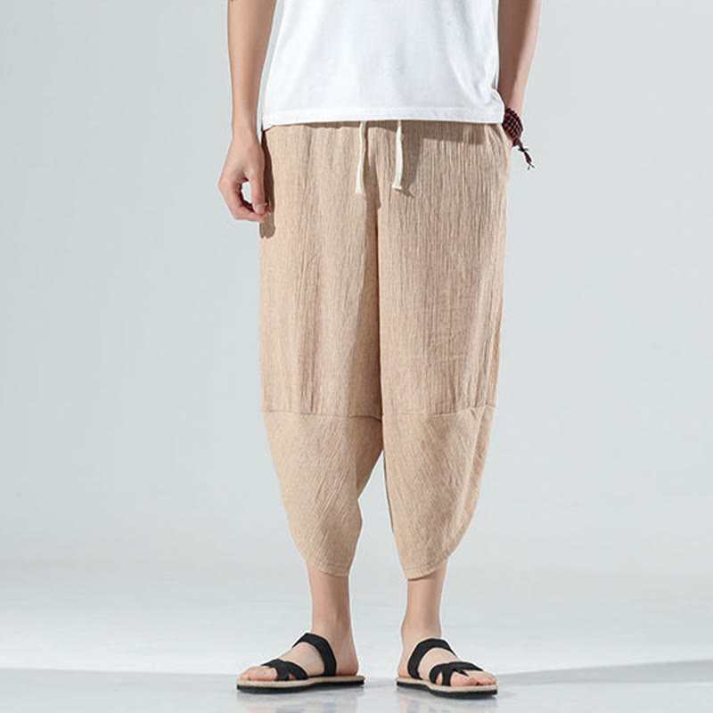 Buddha Stones無地 シンプルデザイン ドローストリング 7-8丈 リネン メンズ ハーレムパンツ ポケット付き