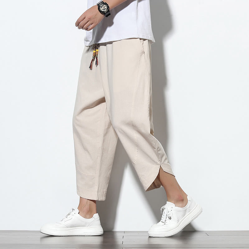 Buddha Stonesカジュアル サマー ドローストリング 7-8丈 リネン メンズ ハーレムパンツ ポケット付き