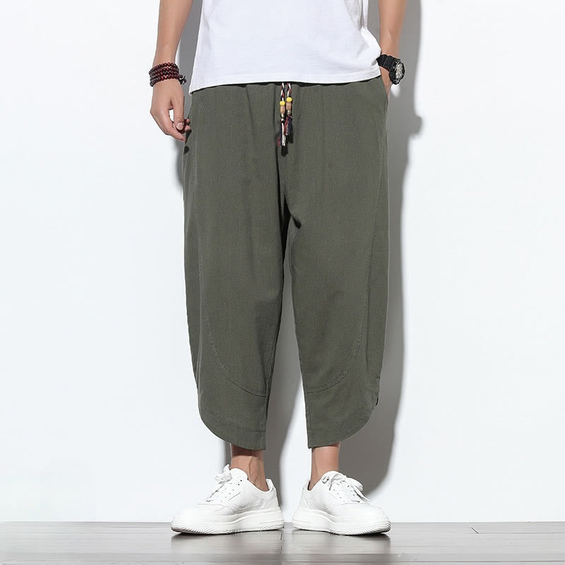 Buddha Stonesカジュアル サマー ドローストリング 7-8丈 リネン メンズ ハーレムパンツ ポケット付き