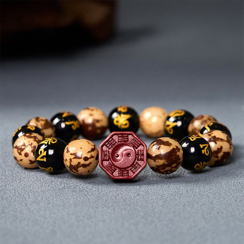 Buddha Stones菩提種子オーム・マニ・パドメ・フム八卦陰陽辰砂彫刻穏やかなブレスレット