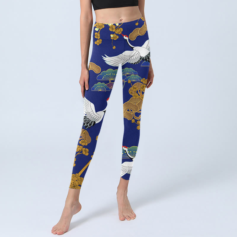 Buddha Stones、飛翔するタンチョウヅル、松の木、花柄プリントのジムレギンス、レディースヨガパンツ - image 6