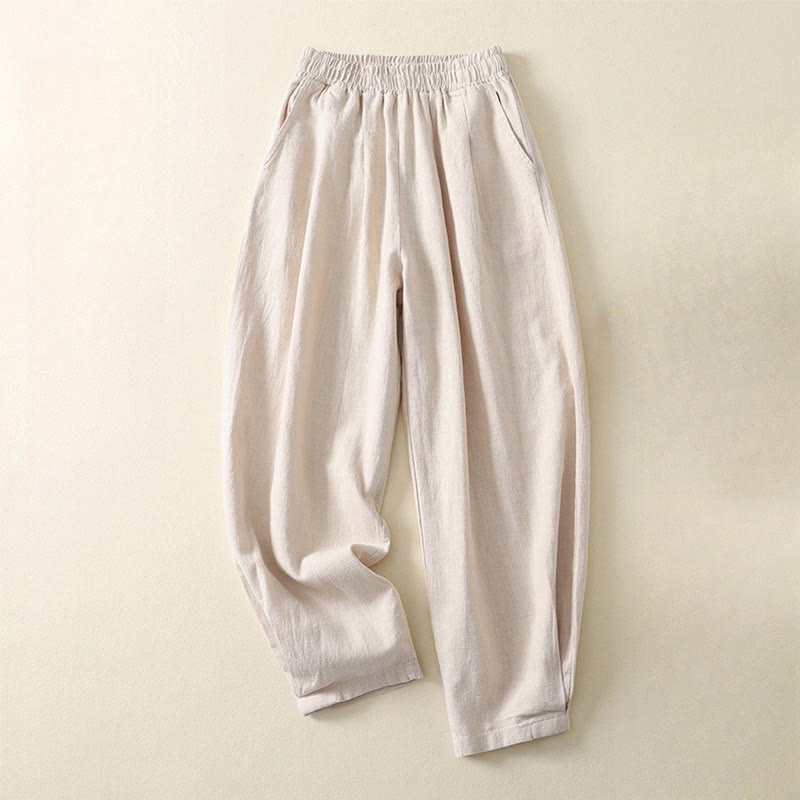 Buddha Stones通勤用 無地 伸縮性ウエストバンド コットンリネン レディース パンツ ポケット付き - ベージュ - US8-10,UK/AU12-14,EU40-42 (2XL) - image 0