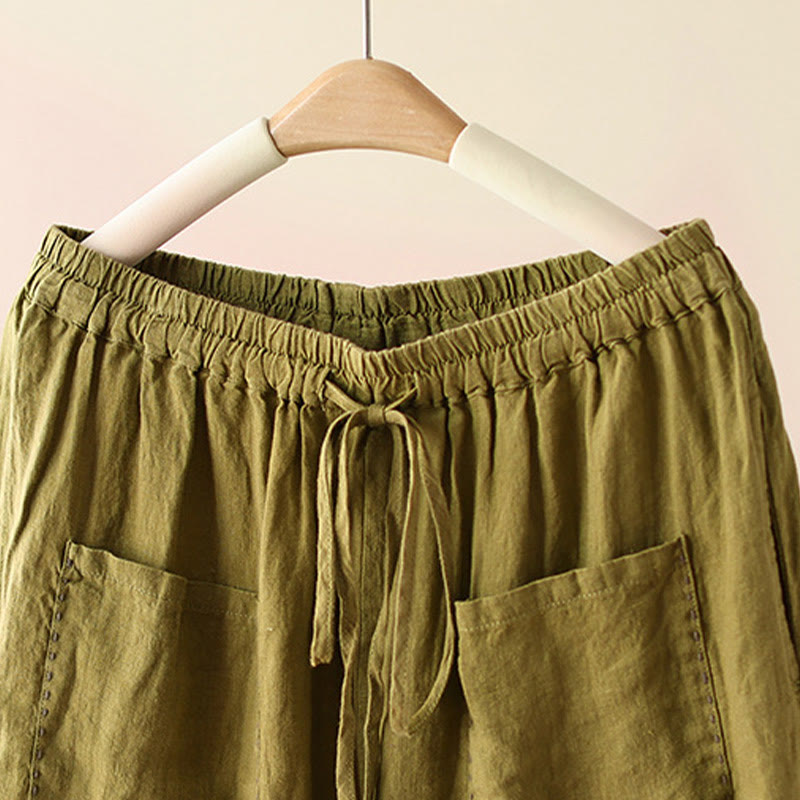Buddha Stonesカジュアル 無地 シワデザイン ドローストリング 9丈 コットンリネン レディース ワイドレッグパンツ ポケット付き - image 18