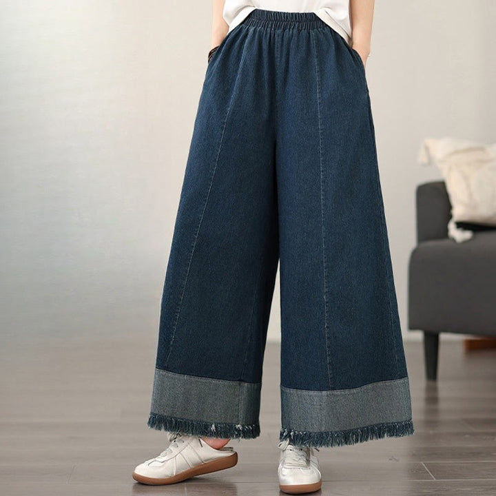 Buddha Stones春のヴィンテージ風ダメージ加工タッセルデザインレディースワイドレッグパンツ(ポケット付き) - image 3