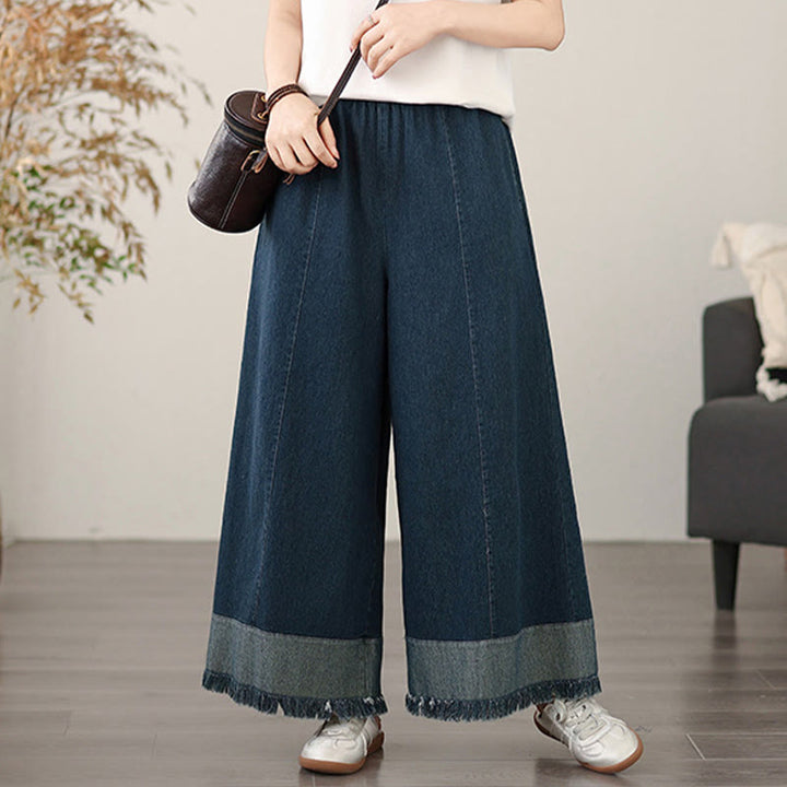 Buddha Stones春のヴィンテージ風ダメージ加工タッセルデザインレディースワイドレッグパンツ(ポケット付き) - image 2