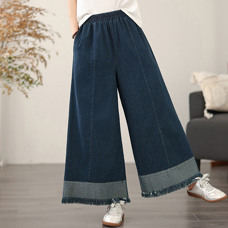 Buddha Stones春のヴィンテージ風ダメージ加工タッセルデザインレディースワイドレッグパンツ(ポケット付き) - image 4