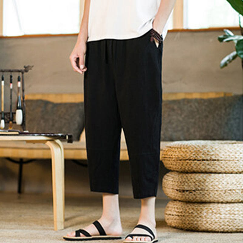 Buddha Stonesシンプルデザイン ドローストリング コットンリネン メンズ 無地 ハーレムパンツ ポケット付き - image 10