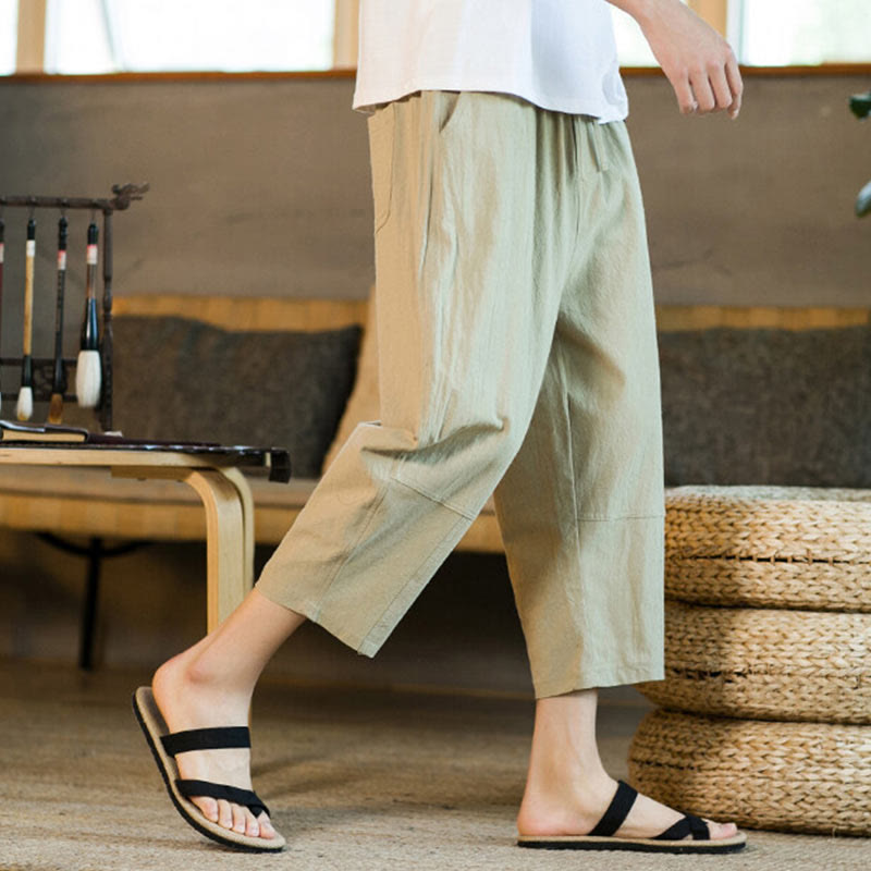 Buddha Stonesシンプルデザイン ドローストリング コットンリネン メンズ 無地 ハーレムパンツ ポケット付き - image 4