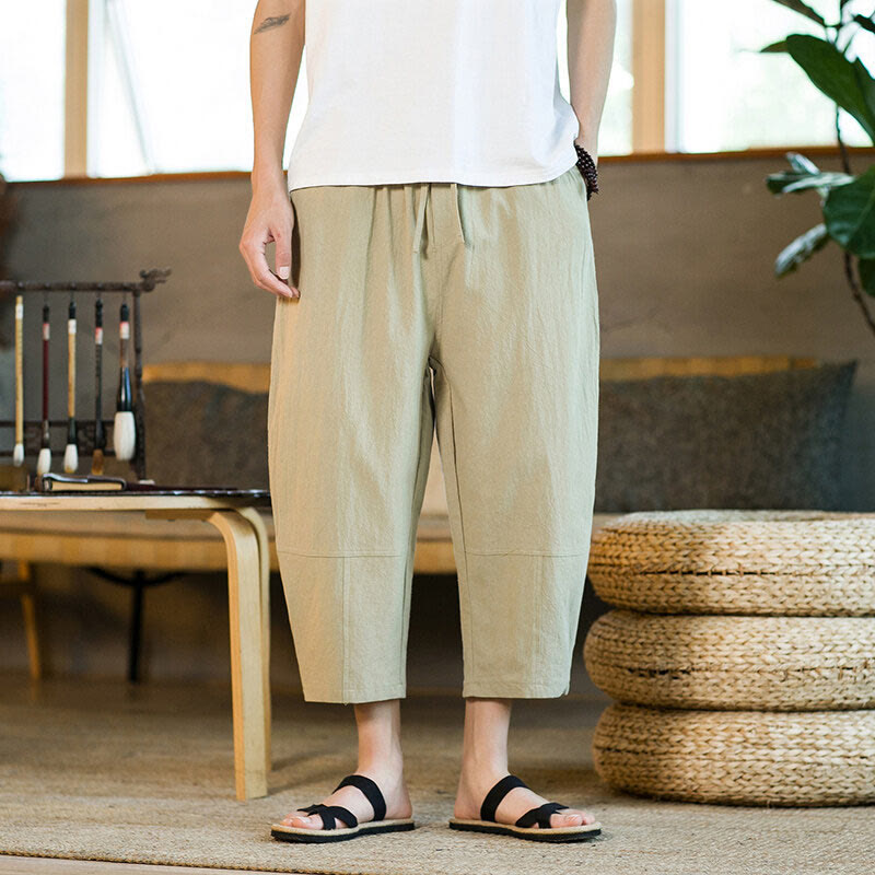Buddha Stonesシンプルデザイン ドローストリング コットンリネン メンズ 無地 ハーレムパンツ ポケット付き - image 1