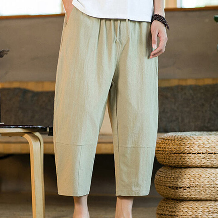 Buddha Stonesシンプルデザイン ドローストリング コットンリネン メンズ 無地 ハーレムパンツ ポケット付き - ペールゴールデンロッド - US/UK/AU46、 EU56 (5XL) - image 0