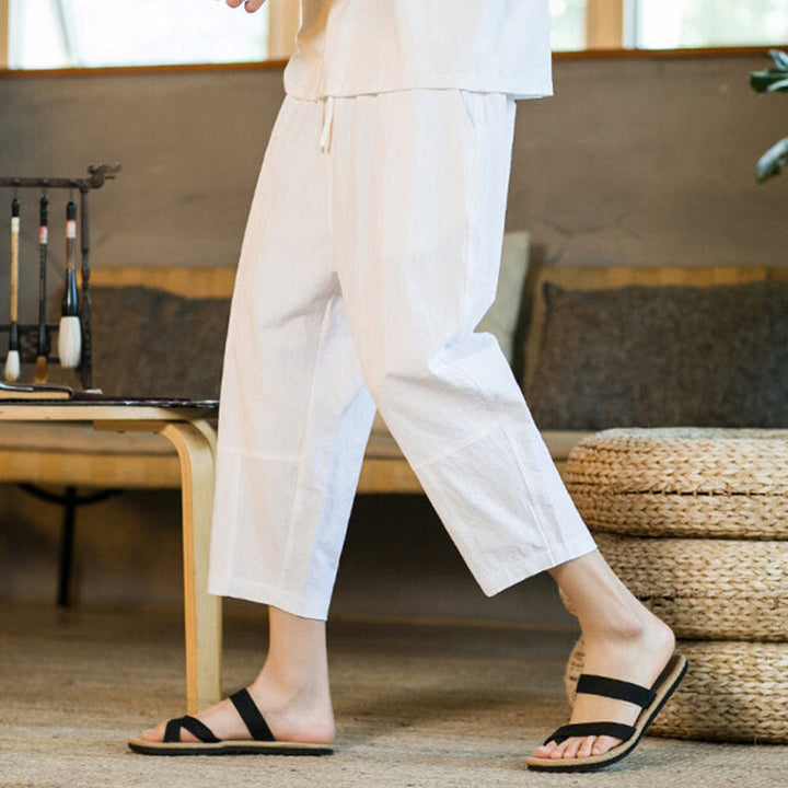 Buddha Stonesシンプルデザイン ドローストリング コットンリネン メンズ 無地 ハーレムパンツ ポケット付き - image 27