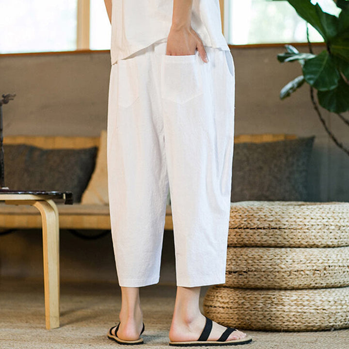 Buddha Stonesシンプルデザイン ドローストリング コットンリネン メンズ 無地 ハーレムパンツ ポケット付き - image 23