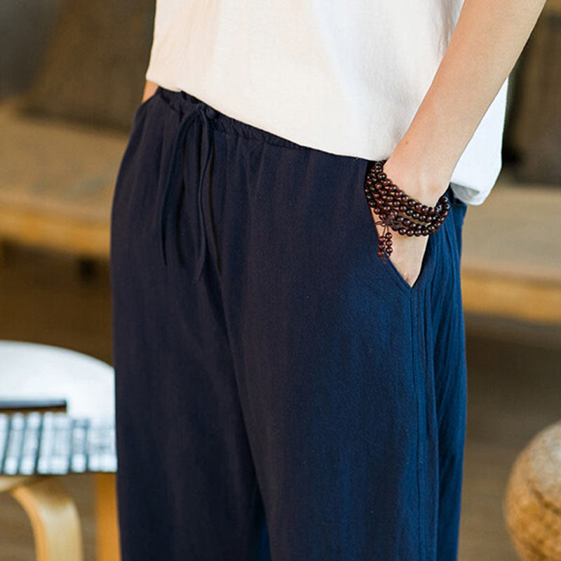 Buddha Stonesシンプルデザイン ドローストリング コットンリネン メンズ 無地 ハーレムパンツ ポケット付き - image 36