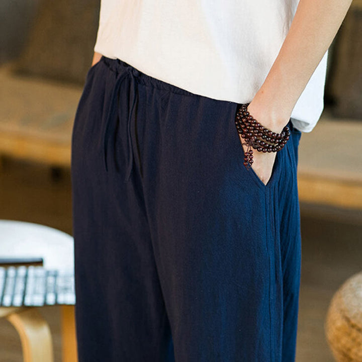 Buddha Stonesシンプルデザイン ドローストリング コットンリネン メンズ 無地 ハーレムパンツ ポケット付き - image 36