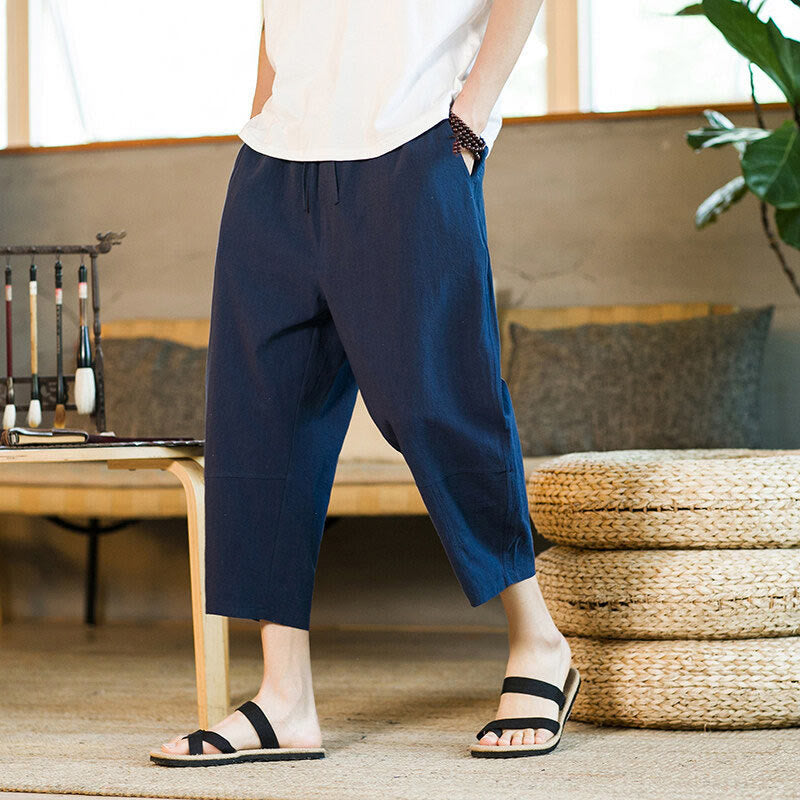 Buddha Stonesシンプルデザイン ドローストリング コットンリネン メンズ 無地 ハーレムパンツ ポケット付き - image 33