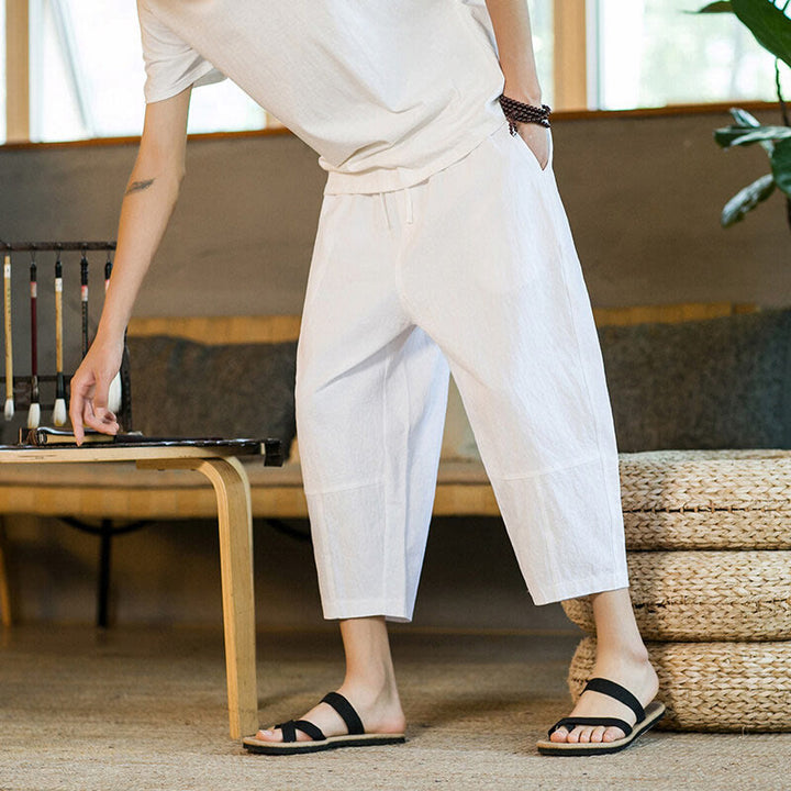 Buddha Stonesシンプルデザイン ドローストリング コットンリネン メンズ 無地 ハーレムパンツ ポケット付き - image 26